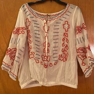 Free People Ivory Long Sleeve Embroidered Blouse